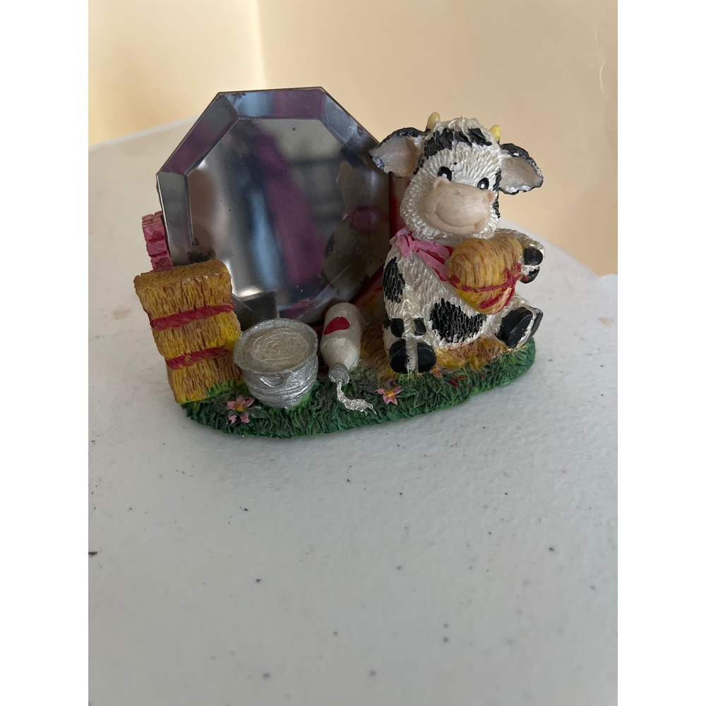 Vintage Style Resin Cow Figurine with Mirror Farmhouse Decor Hay Bales Milk Pail
